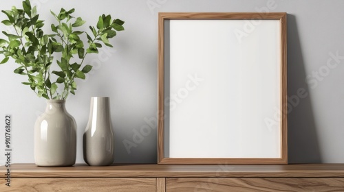 Wooden Frame and Vases with Greenery on a Tabletop