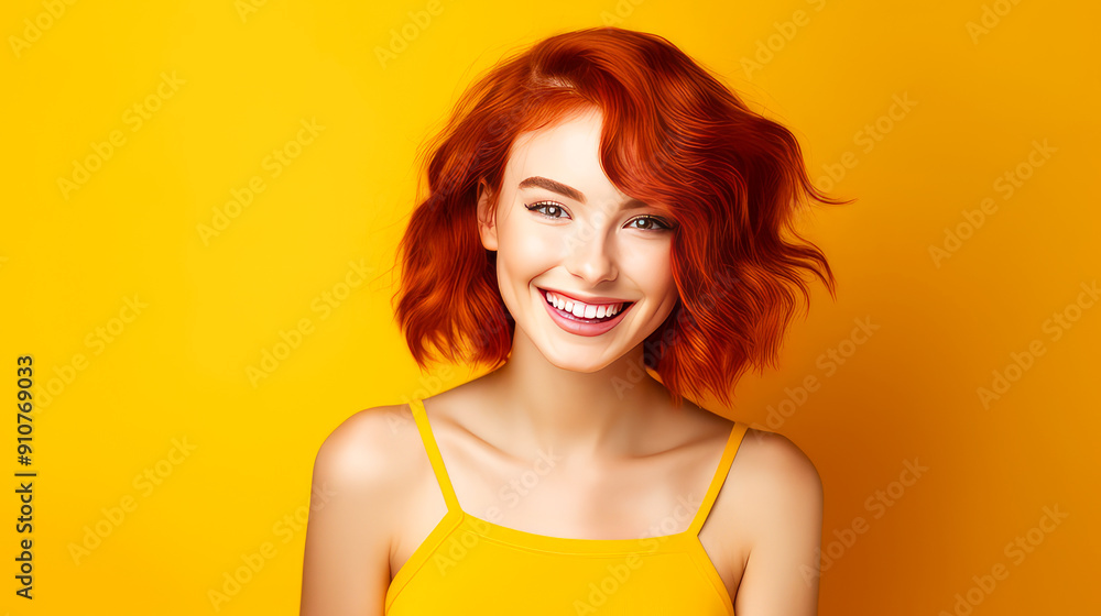 Portrait of a smiling cheerful teenage girl with a short haircut and red hair, yellow background, banner. Portrait of a smiling cheerful teenage girl with a short haircut and red hair, yellow background, banner.