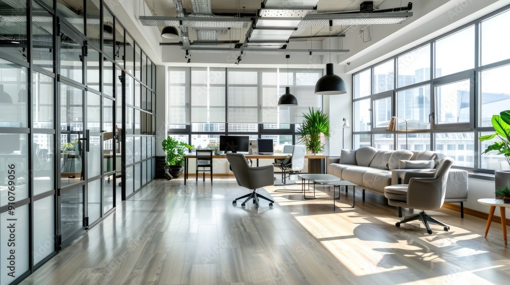 Modern and Stylish office interior, large window, light from the window, glare with armchair and office equipments. Modern and Stylish office interior, large window, light from the window, glare with armchair and office equipments.