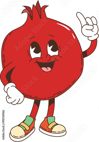 Cartoon groovy pomegranate retro character. Isolated vector tropical fruit personage wearing sneakers, standing with expressive face and confident pose, eyes looking up and pointing finger gesture