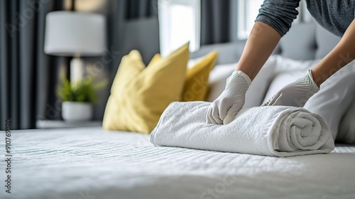 Impeccable Hospitality: A hotel housekeeper meticulously prepares a pristine bed with fresh linens, exemplifying meticulous attention to detail for a luxurious guest experience. 