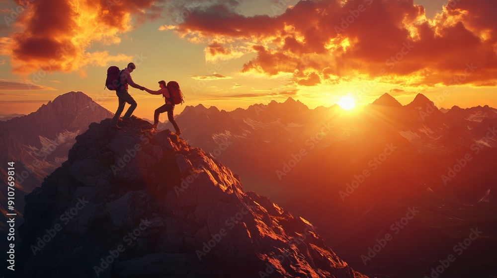 two hikers helping each other climb up the mountain, with sunset in the background two hikers helping each other climb up the mountain, with sunset in the background
