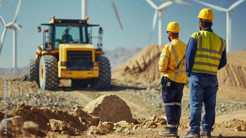 Construction Workers Observing Wind Turbines Construction Workers Observing Wind Turbines