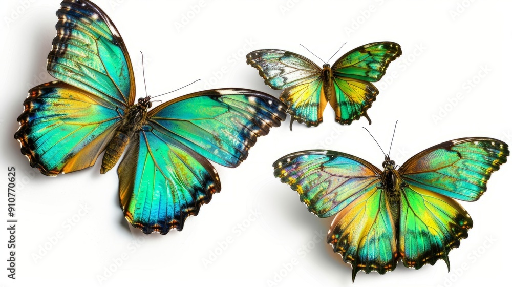 set of beautiful blue green yellowbutterflys isolated on white background set of beautiful blue green yellowbutterflys isolated on white background