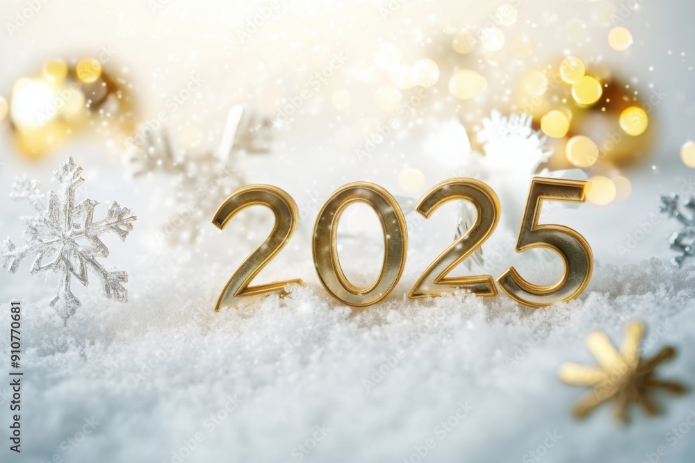 Glittering 2025 numbers set in snow, surrounded by golden snowflakes and soft bokeh lights, creating a festive New Year scene. Glittering 2025 numbers set in snow, surrounded by golden snowflakes and soft bokeh lights, creating a festive New Year scene.
