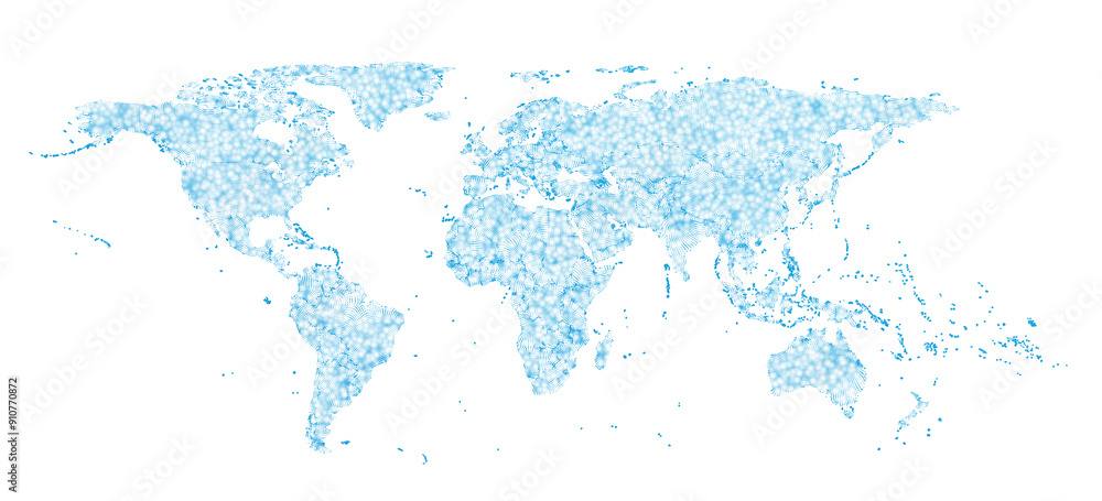 Naklejka premium Holographic world map with cross/plus overlay. Blue and cyan color palette. Abstract 3D render, isolated on transparent background. Ideal for medical/pharmacy branding and design.