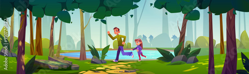 Scared children running from world in forest. Vector cartoon illustration teen boy and little girl escaping from danger, wild animal silhouettes behind trees, blue lake water in summer woodland