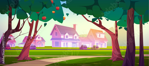 Suburban town street with cars. Vector cartoon illustration of autos parked near houses in village, apples on fruit trees in garden with green grass and footpath, sunny day in rural neighborhood