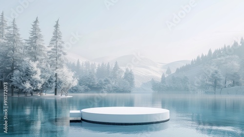 3d render white pedestal podium with trees and forest over blue water in the style of minimalist stage designs, large format lens, weather core, serene seascapes, soft inspiration