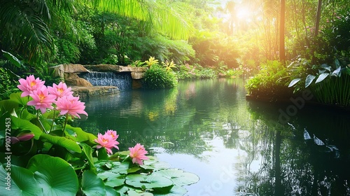 Tranquility by the Water: Serenity and peacefulness emanate from this lush, tropical oasis. The sun peeks through the foliage, casting warm light on the serene waters, where delicate pink lotus blosso photo