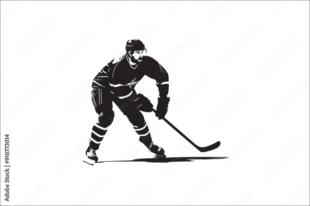 Obraz premium Ice Hockey Player Silhouette vector illustration on white background. Ice hockey player, isolated vector silhouette.