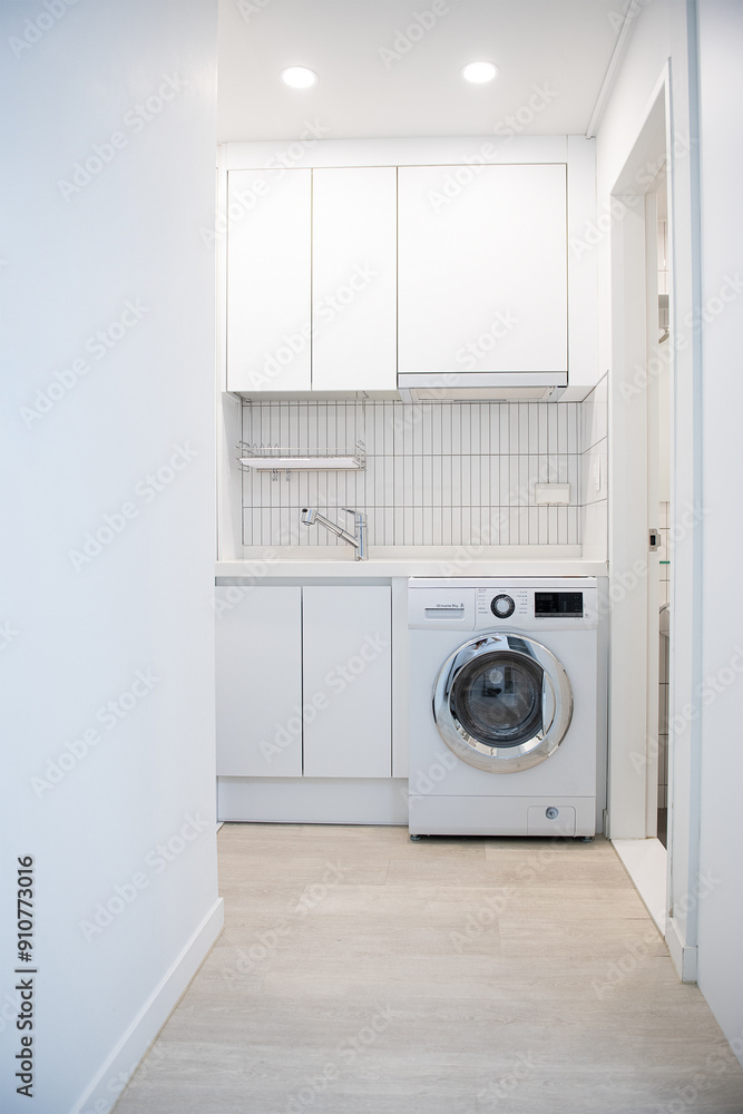 A washing machine and a sink in the living room A washing machine and a sink in the living room