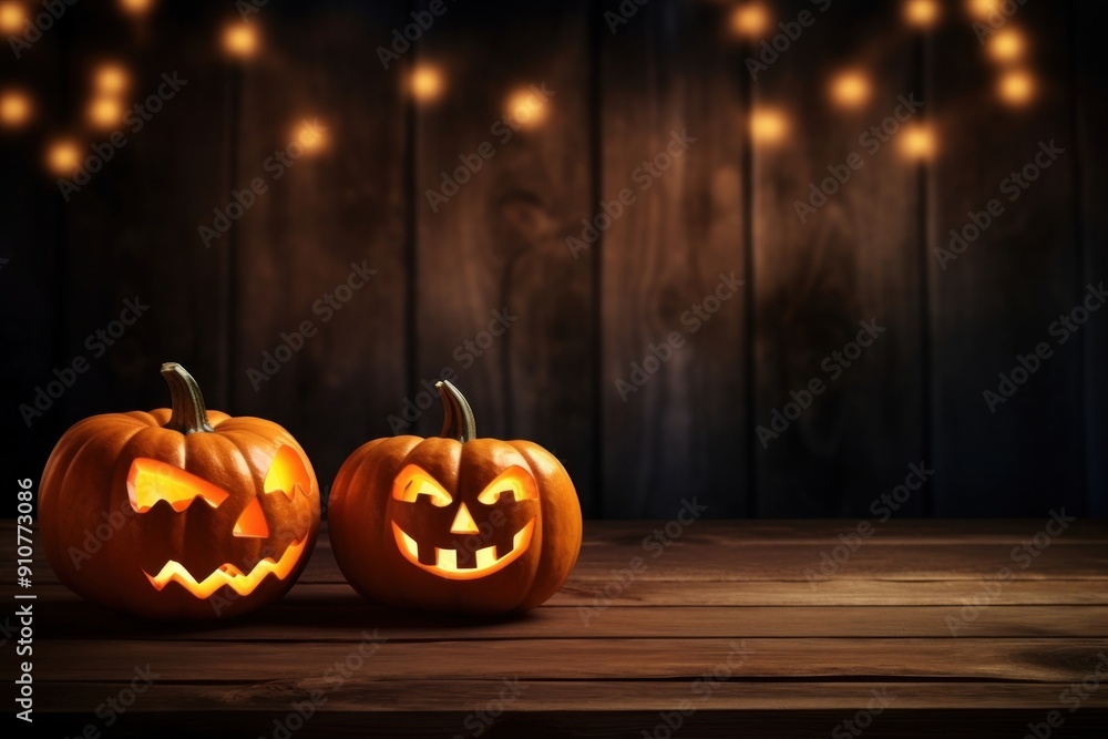 Fototapeta premium Pumpkins on wood floo halloween pumpkin anthropomorphic.