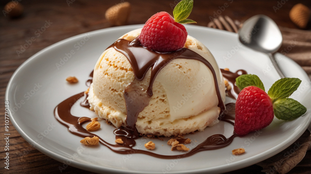 National Frozen Custard Day. Ice cream dessert with topping on the plate National Frozen Custard Day. Ice cream dessert with topping on the plate