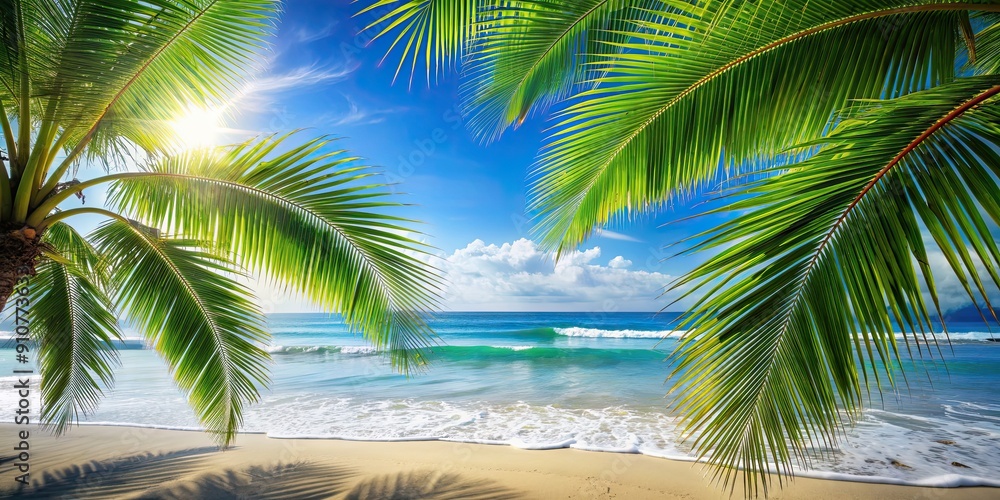 Fototapeta premium Tropical palm leaves swaying in the breeze with ocean waves in the background on a sunny beach, tropical, palm leaves, ocean