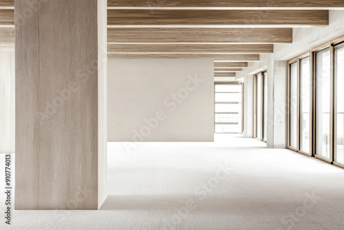 Empty room in a luxury property with large windows and earthy tones. Minimalist Real Estate interior design composition.