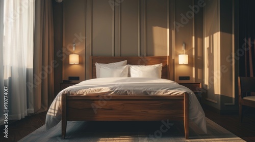 Wooden bed in a hotel room, in the style of dark beige and light amber, expansive spaces, vibrant colours, light silver and gold, focus on materials,