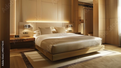 Wooden bed in a hotel room, in the style of dark beige and light amber, expansive spaces, vibrant colours, light silver and gold, focus on materials,