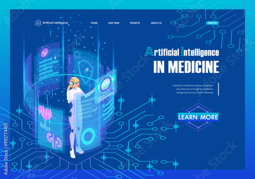 Landing page Isometric. Artificial Intelligence processes the patient analyses to make a diagnosis and prescribe treatment