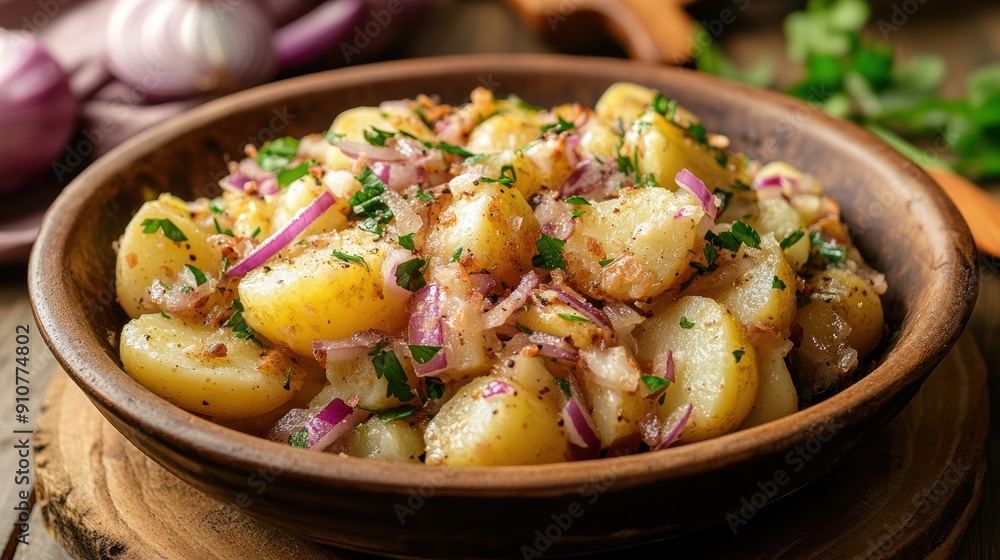 A flavorful potato salad with red onions and parsley, dressed in a tangy vinaigrette served in a rustic wooden bowl. A flavorful potato salad with red onions and parsley, dressed in a tangy vinaigrette served in a rustic wooden bowl.