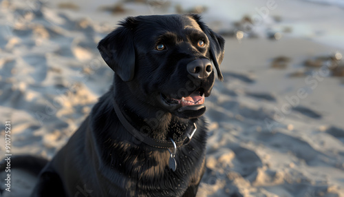 Black Labrador Retriever dog on the beach at sunset.