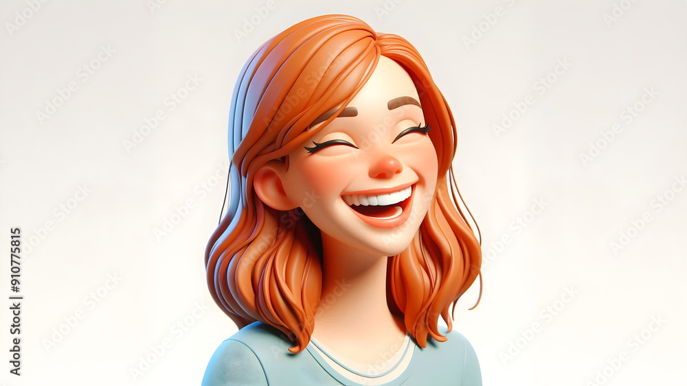 Portrait of a happy smile laughing cartoon character young adult woman female person with ginger hair in 3d style design on light background Portrait of a happy smile laughing cartoon character young adult woman female person with ginger hair in 3d style design on light background