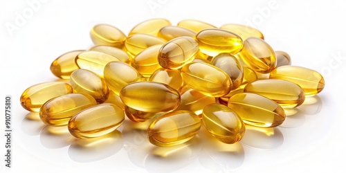 Cod liver oil capsules on white background, supplement, health, fish oil, omega-3, nutrition, benefits, vitamin D, pills