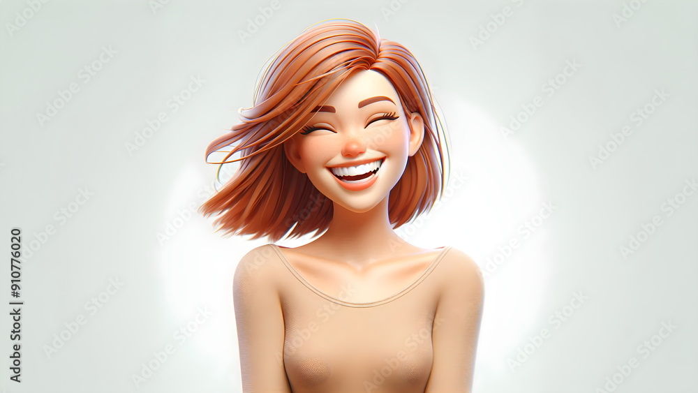 Obraz premium Portrait of a happy smile laughing cartoon character young adult woman female person with ginger hair in 3d style design on light background