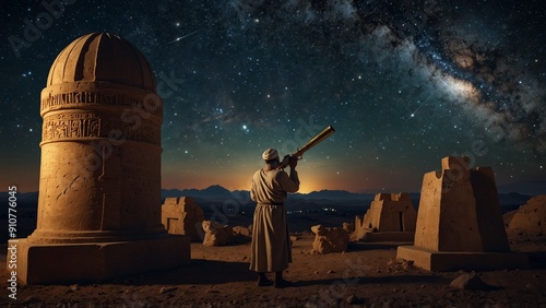 An ancient Babylonian astronomer stargazing on an observatory, surrounded by ancient astronomical instruments and the night sky.