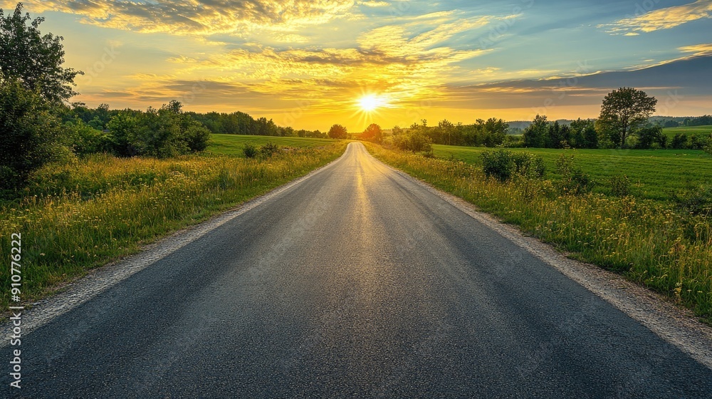 Empty asphalt road in a rural setting with a beautiful sunset on the horizon Empty asphalt road in a rural setting with a beautiful sunset on the horizon