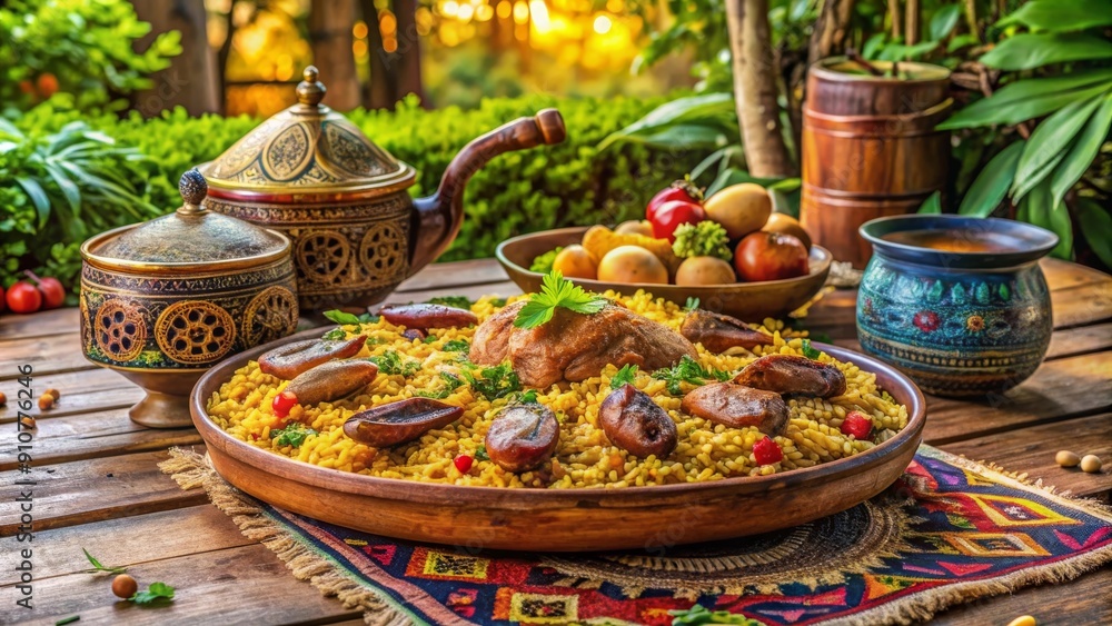 Fototapeta premium Un atractivo plato de kabsa con muslos de pollo marinados, rodeado de vajilla tradicional en un entorno al aire libre. Este plato destaca por su rica mezcla de especias y su presentación colorida, per