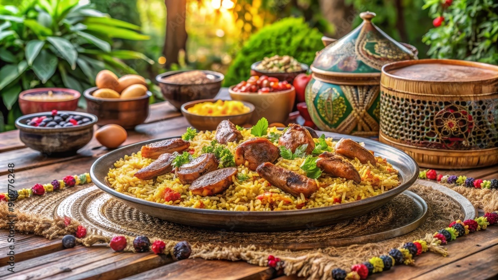 Fototapeta premium Un plato tradicional de kabsa servido al aire libre en un hermoso jardín. Este delicioso plato se prepara con arroz aromático, muslos de pollo marinados y una mezcla de especias orientales. El entorno