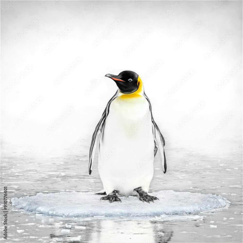 Fototapeta premium Cute emperor penguin Aptenodytes forsteri tobogganing on belly across ice sleek black and white form