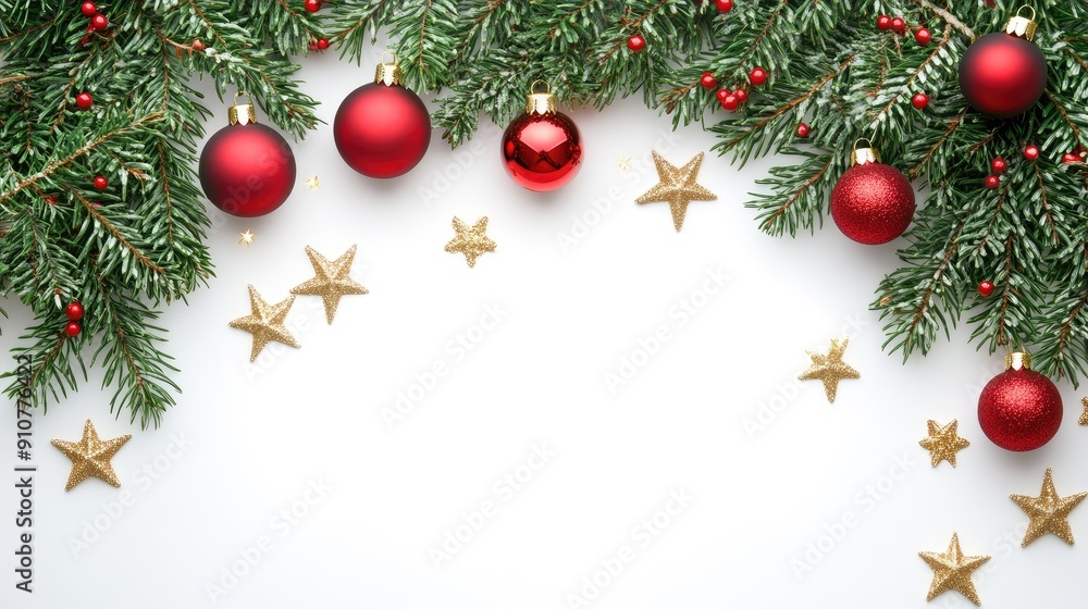 Festive border of spruce branches, red ornaments, and golden stars on white, ideal for Christmas greetings Festive border of spruce branches, red ornaments, and golden stars on white, ideal for Christmas greetings