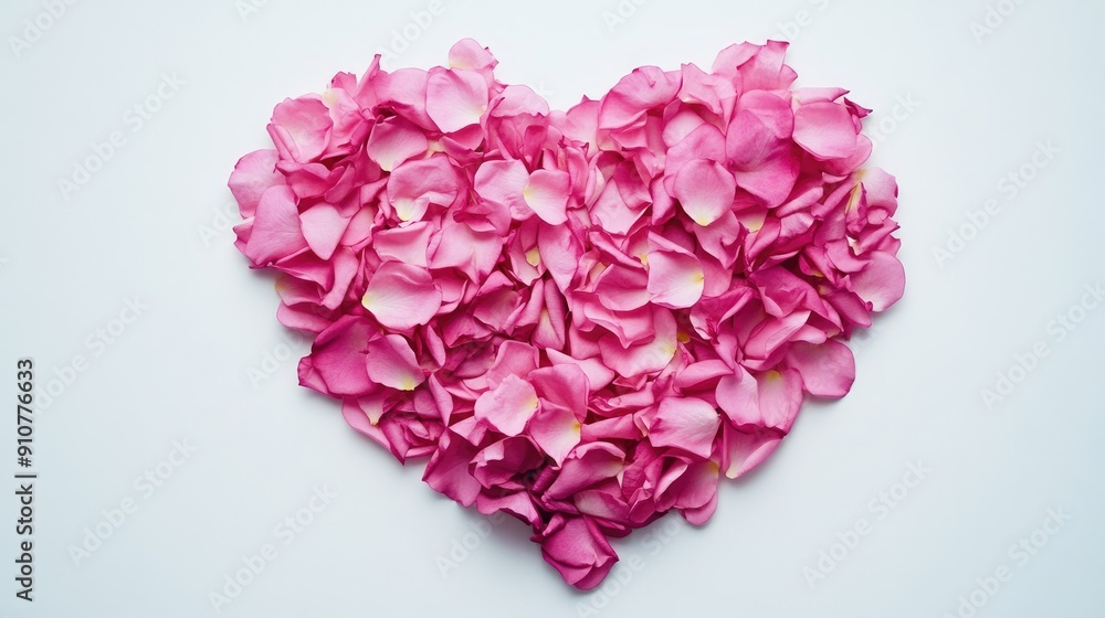 Flat lay of pink rose petals forming a heart shape on a white background, symbolizing love and romance Flat lay of pink rose petals forming a heart shape on a white background, symbolizing love and romance