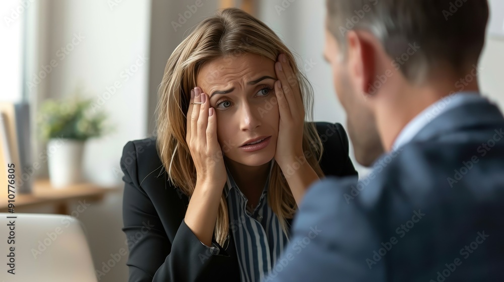 A woman appears upset while discussing something serious with a colleague in a professional office environment A woman appears upset while discussing something serious with a colleague in a professional office environment