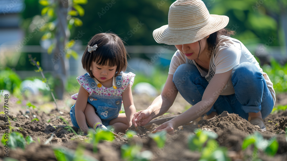 家庭菜園で種を植える日本の母と娘 家庭菜園で種を植える日本の母と娘