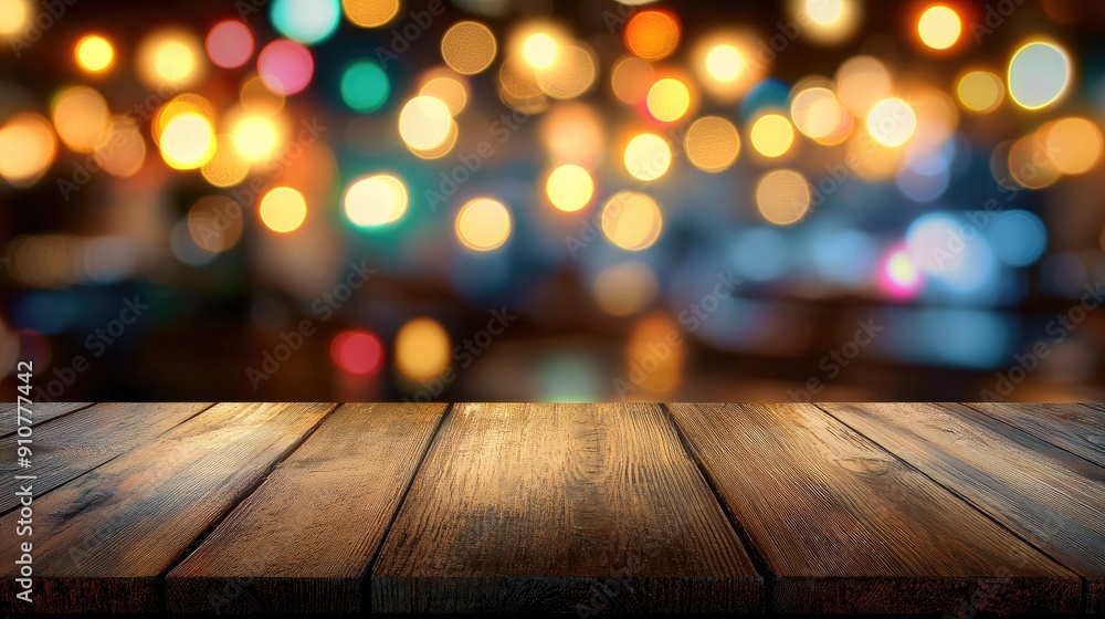 Rustic wooden surface against a background of blurred, colorful restaurant lights and bokeh effect Rustic wooden surface against a background of blurred, colorful restaurant lights and bokeh effect