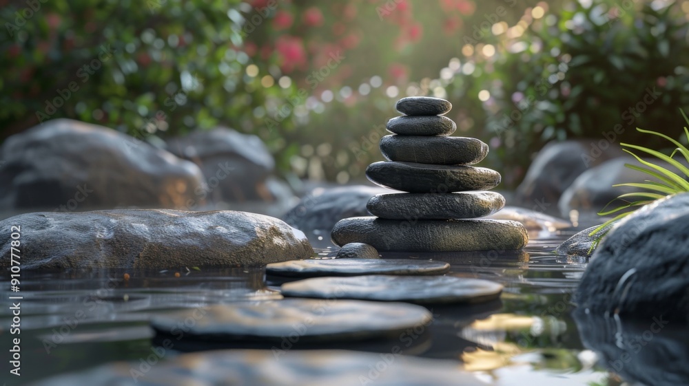 Stacked stones in a tranquil pond, a serene setting for meditation and mindfulness. Stacked stones in a tranquil pond, a serene setting for meditation and mindfulness.