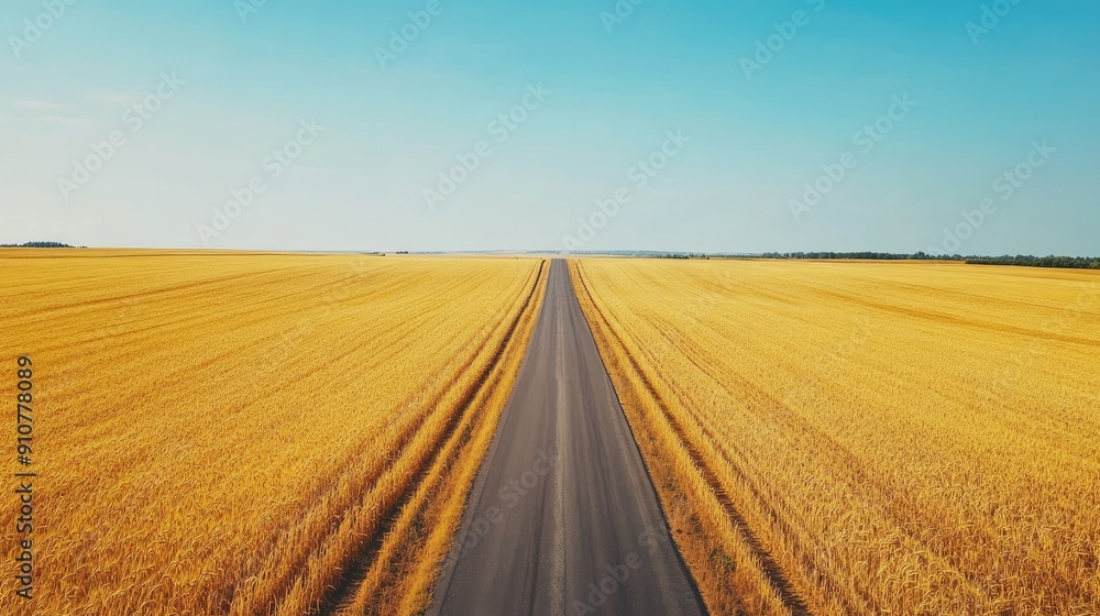 Fototapeta premium Top view of an empty rural asphalt road cutting through golden wheat fields under a clear blue sky