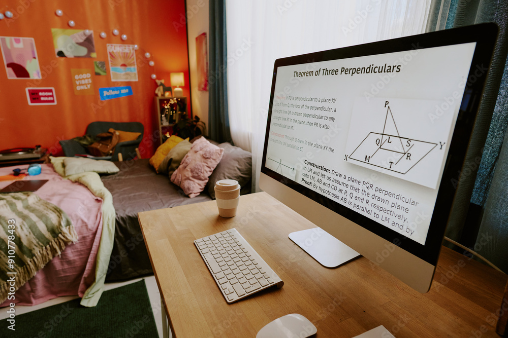 No people shot of modern desktop computer with Math lesson on screen in modern teen students room interior, copy space No people shot of modern desktop computer with Math lesson on screen in modern teen students room interior, copy space