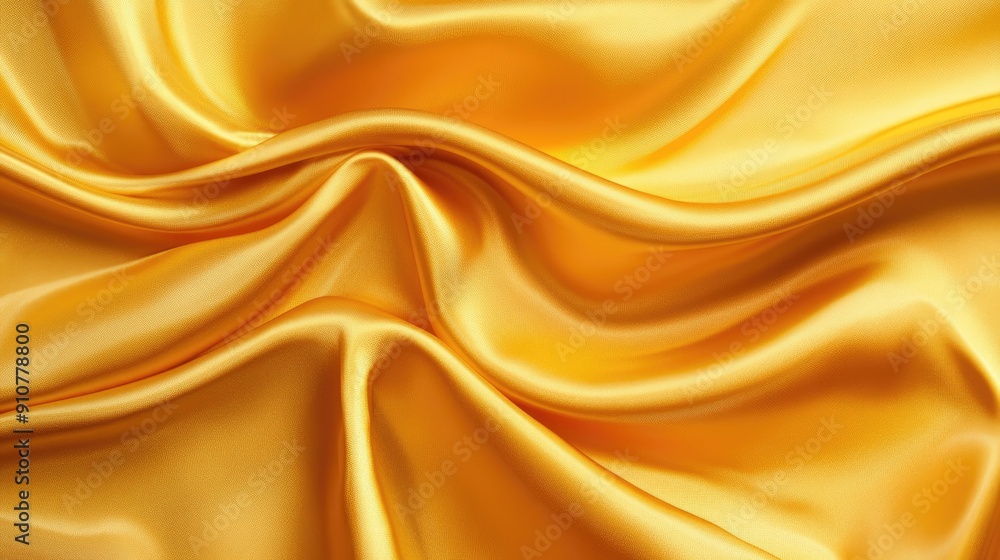 Fototapeta premium Top view of yellow silk satin with soft drapes, highlighting a luxurious golden fabric background