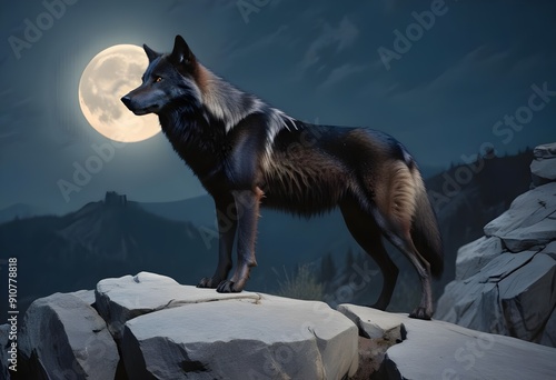 wolf howling on the moon