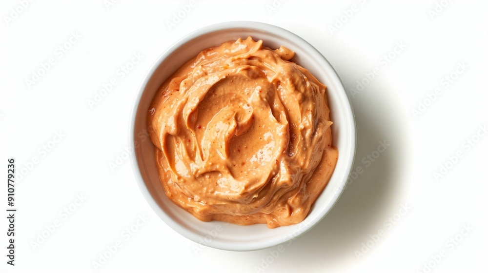white bowl with chipotle aioli made with mayonnaise, chipotle peppers in adobo sauce, garlic, and lime juice, isolated on a white background, side and top view white bowl with chipotle aioli made with mayonnaise, chipotle peppers in adobo sauce, garlic, and lime juice, isolated on a white background, side and top view