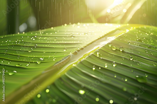 Rain drops on a green banana leaf.