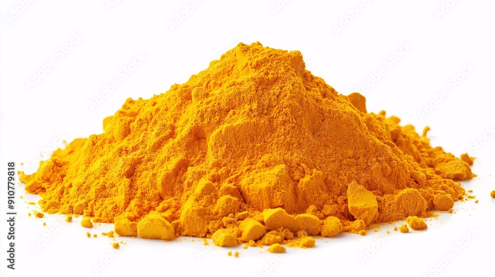 A mound of bright yellow turmeric powder, finely ground A mound of bright yellow turmeric powder, finely ground
