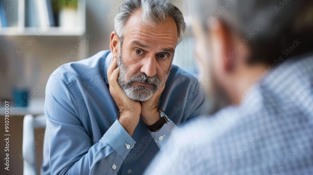 Two men engage in a serious conversation in an office, showing thoughtful expressions and focused attention Two men engage in a serious conversation in an office, showing thoughtful expressions and focused attention