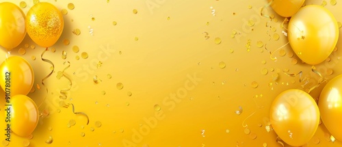 Gold balloons with confetti on a yellow background.