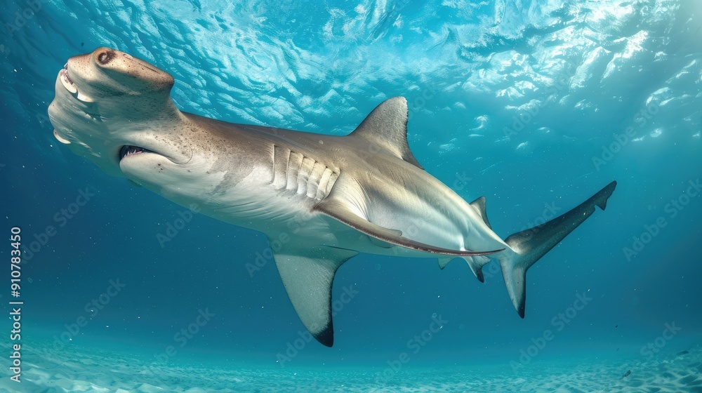 A Hammerhead Shark Swimming Through Clear Blue Water A Hammerhead Shark Swimming Through Clear Blue Water