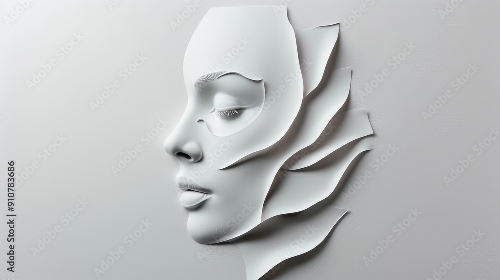 Abstract 3D render of a human face divided into layered segments, creating a modern and artistic visual effect. Abstract 3D render of a human face divided into layered segments, creating a modern and artistic visual effect.